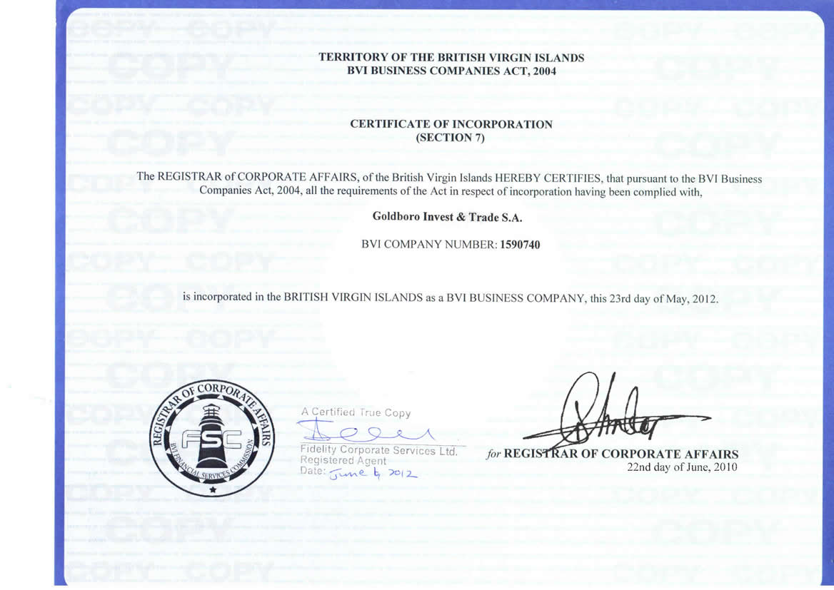 Сертификат компании Goldboro