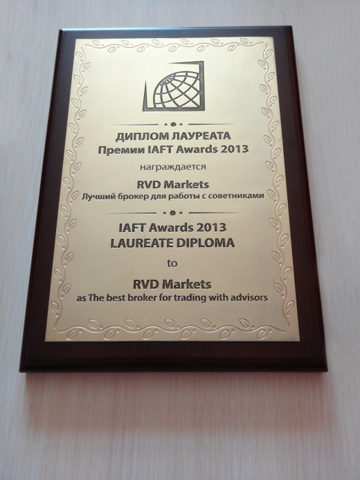 Диплом RVD-Markets "Лучший брокер для работы с советниками"